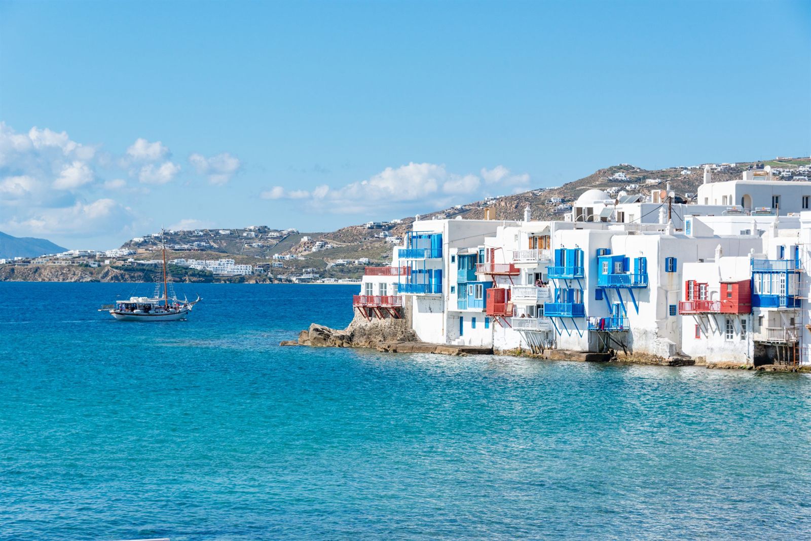 Whitewashed waterfront houses on Mykonos
